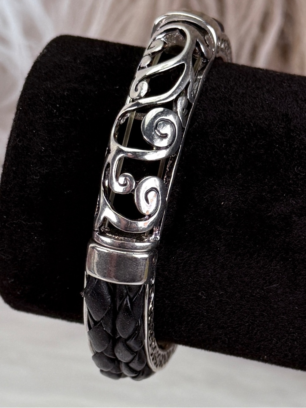 Black Braided Faux Leather Silver Tone Scroll Stretch Bracelet